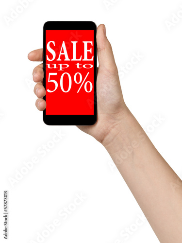 female teen hands showing mobile phone with sale offer