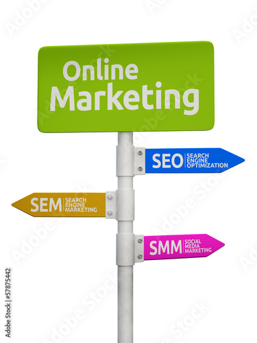 Online Marketing road sign pointing to SEO, SEM and SMM