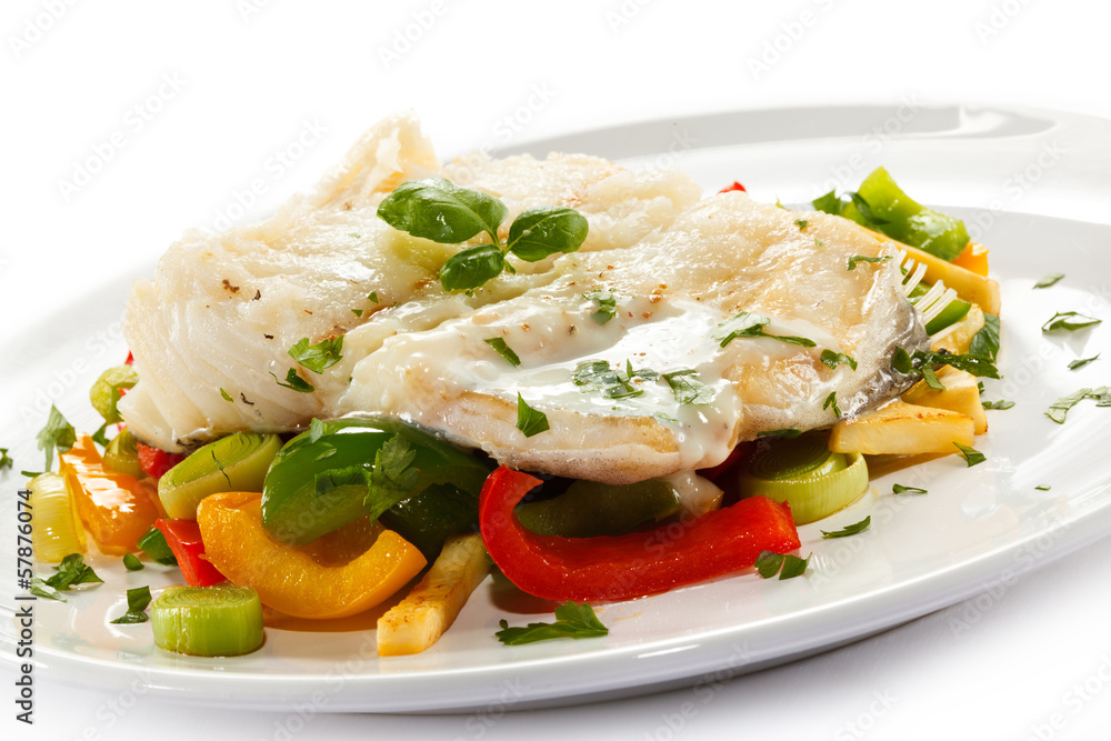 Fish dish - boiled fish fillet and vegetables Fish dish - boiled fish fillet and vegetables