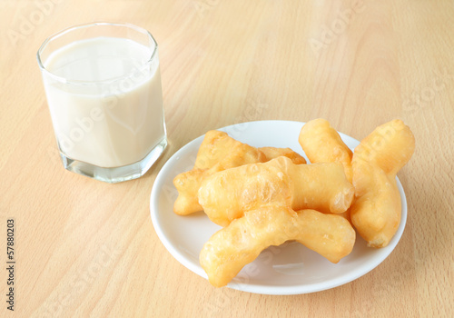 Soybean milk and deep fried doughstick breakfast. photo