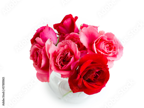 three red roses are on a white background