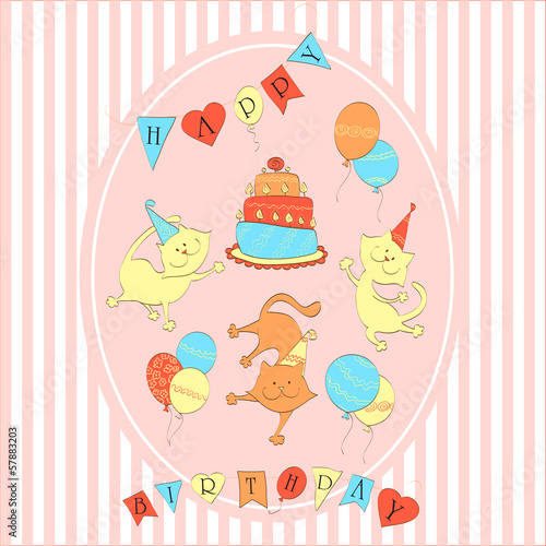 Card to birthday. Three dancing cats with balloons and cake. © oxilixo
