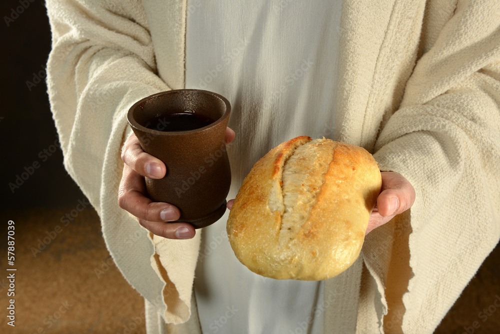Jesus Holding Bread and Wine StockFoto Adobe Stock