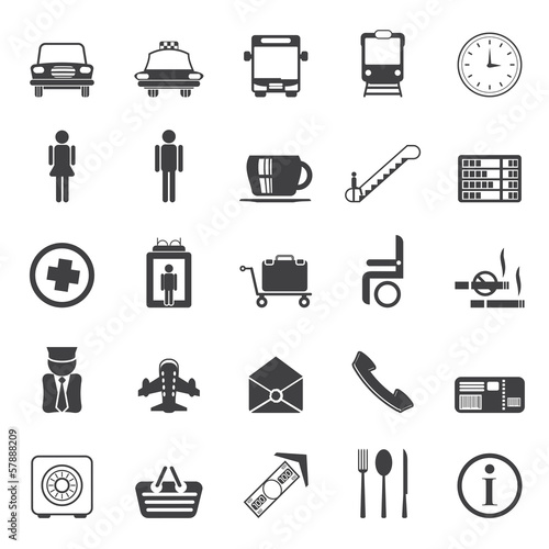 Silhouette Airport, travel and transportation vector icon set