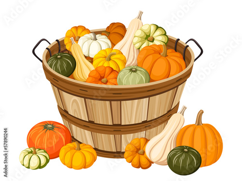 Wooden basket with pumpkins. Vector illustration.