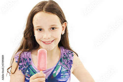Little girl with ice cream on white background