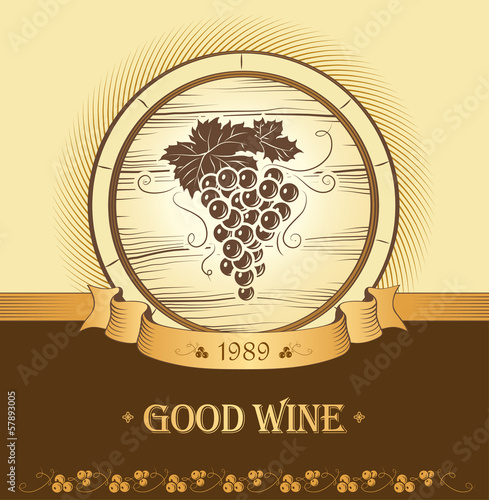 Wine cask . labels for wine with grapes. Barrel. Ceg