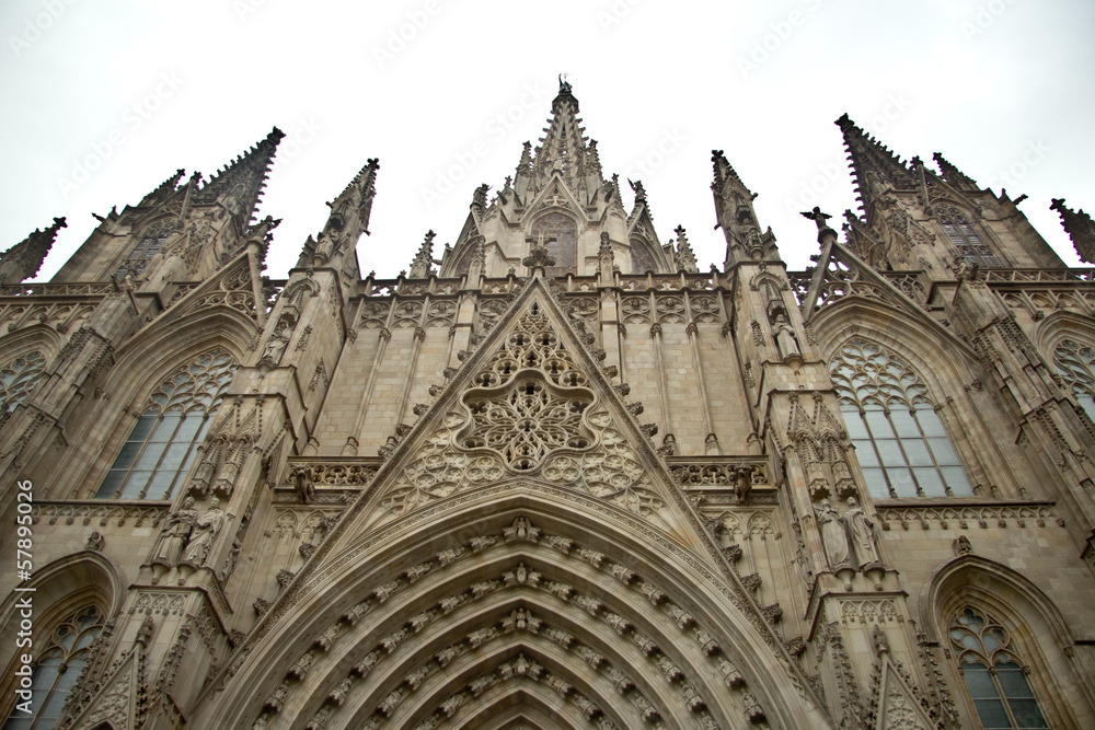 Fototapeta premium Details of facade of main Cathedral of Barcelona in Old Town