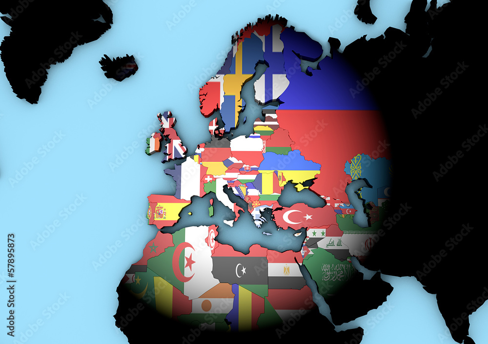 Planisfero Europa con bandiere in 3d faretto che illumina Stock  Illustration | Adobe Stock
