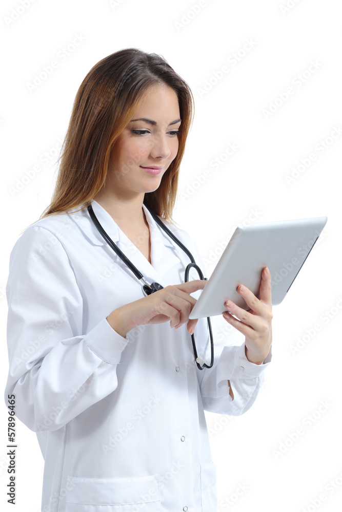 Beautiful female doctor browsing a tablet pc Beautiful female doctor browsing a tablet pc