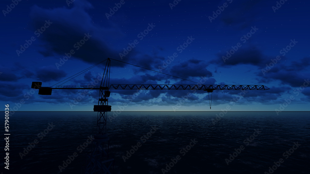 Sea Oil Platform in the Sunset 3D render 