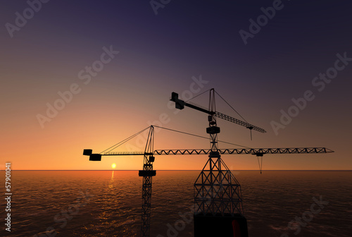 Sea Oil Platform in the Sunset 3D render 