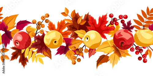 Horizontal seamless background with autumn leaves and apples.
