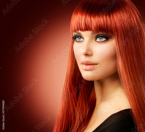 Beauty Model Woman with Long Straight Red Hair