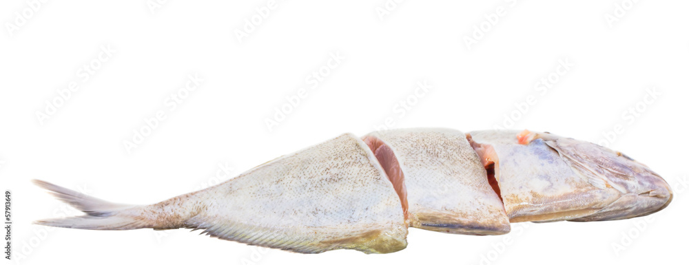 Slice and cut silver promfret fish over white background Slice and cut silver promfret fish over white background