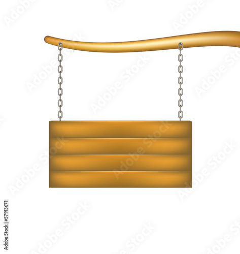 Wooden sign board with chain hanging from the bough of a tree