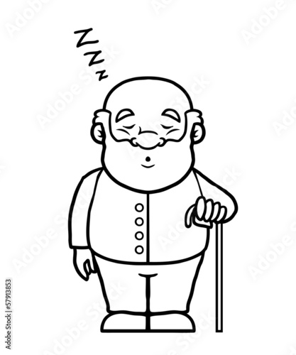 Black and white old man sleeping and snoring holding a cane.
