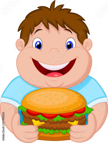 Fat boy smiling and ready to eat a big hamburger