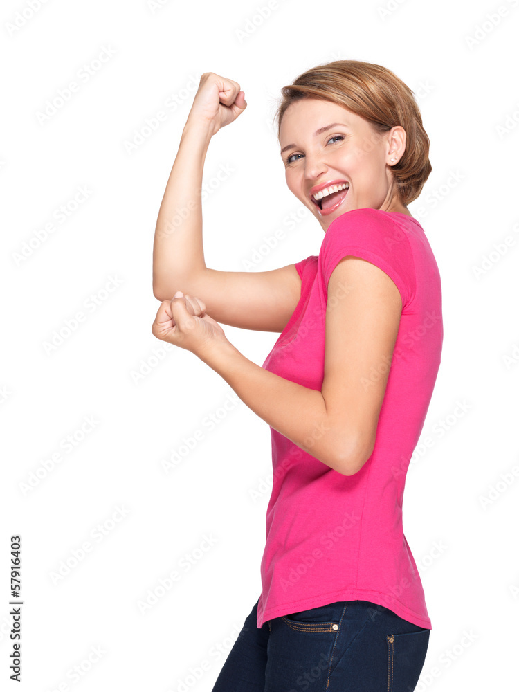 Beautiful happy woman celebrating success being a winner Beautiful happy woman celebrating success being a winner