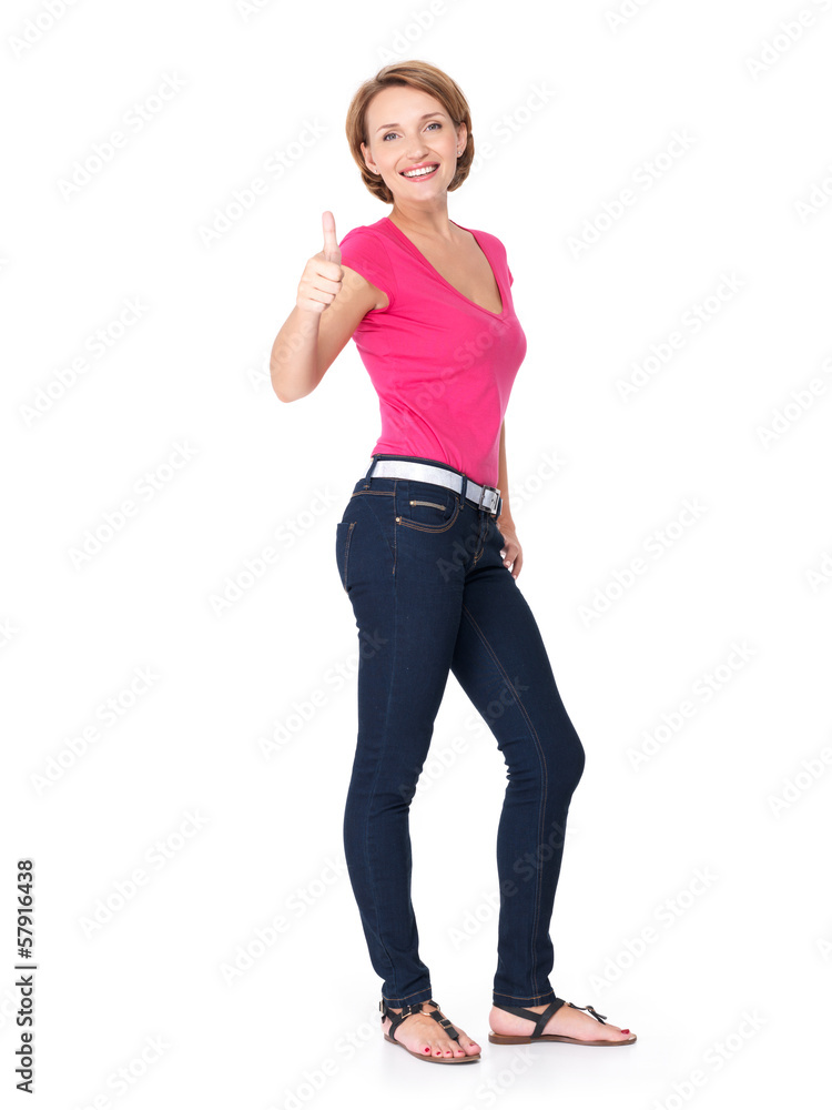 Full Portrait of an adult happy woman with thumbs up sign Full Portrait of an adult happy woman with thumbs up sign