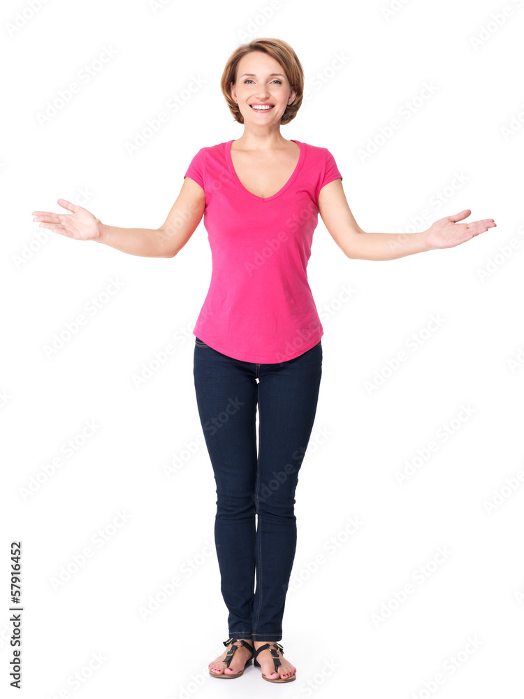 Full portrait of adult happy woman with presentation gesture Full portrait of adult happy woman with presentation gesture