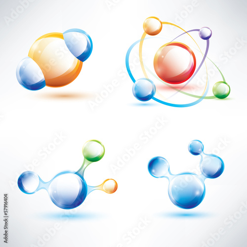 molecule structure, abstract glossy icons set, science and energ