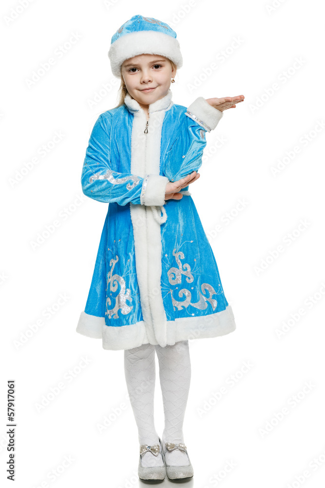 Little girl snow maiden holding blank copy space on palm Little girl snow maiden holding blank copy space on palm