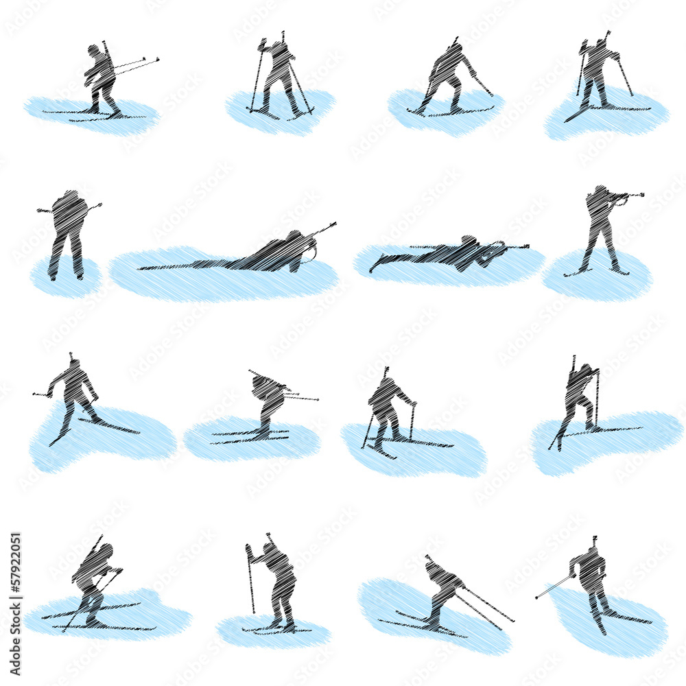 Set of biathlon grunge silhouettes