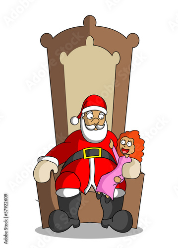 Cartoon Santa Claus with little girl at the elbow-chair