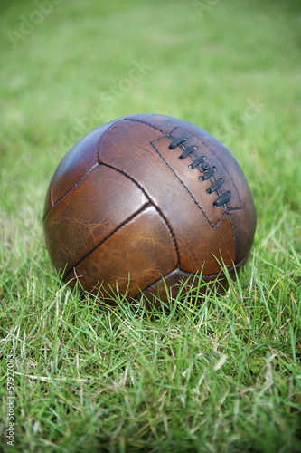 Vintage Brown Football Soccer Ball Green Grass Field