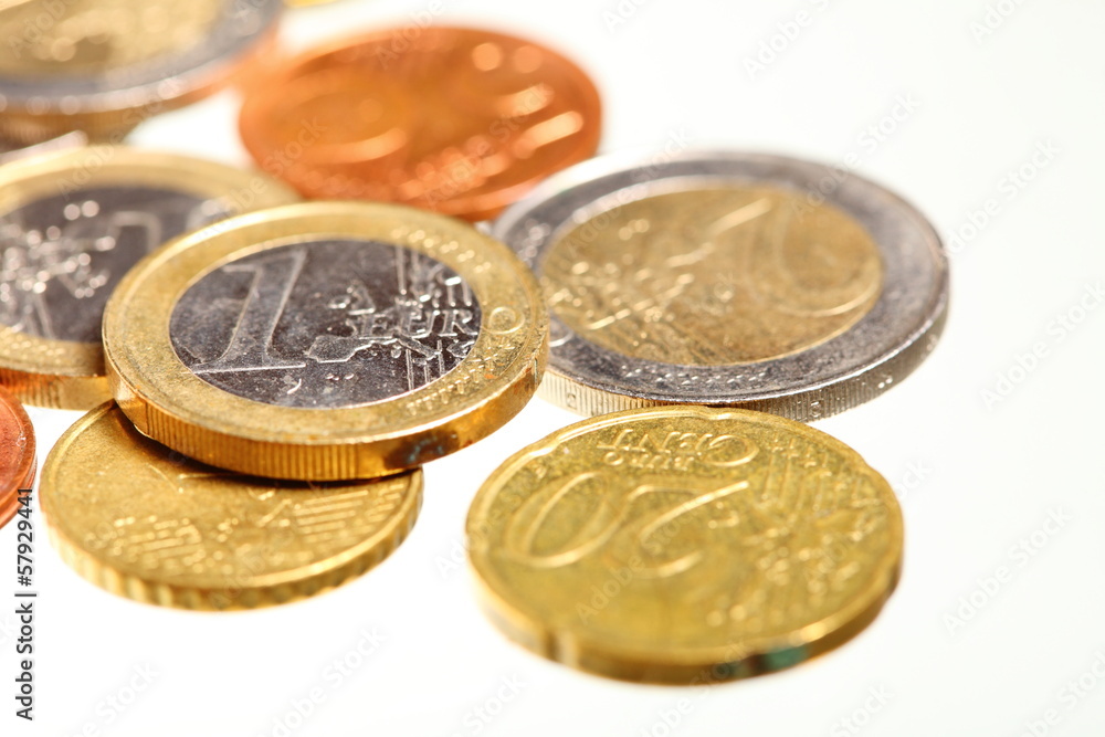 european currency euro coins money on white european currency euro coins money on white