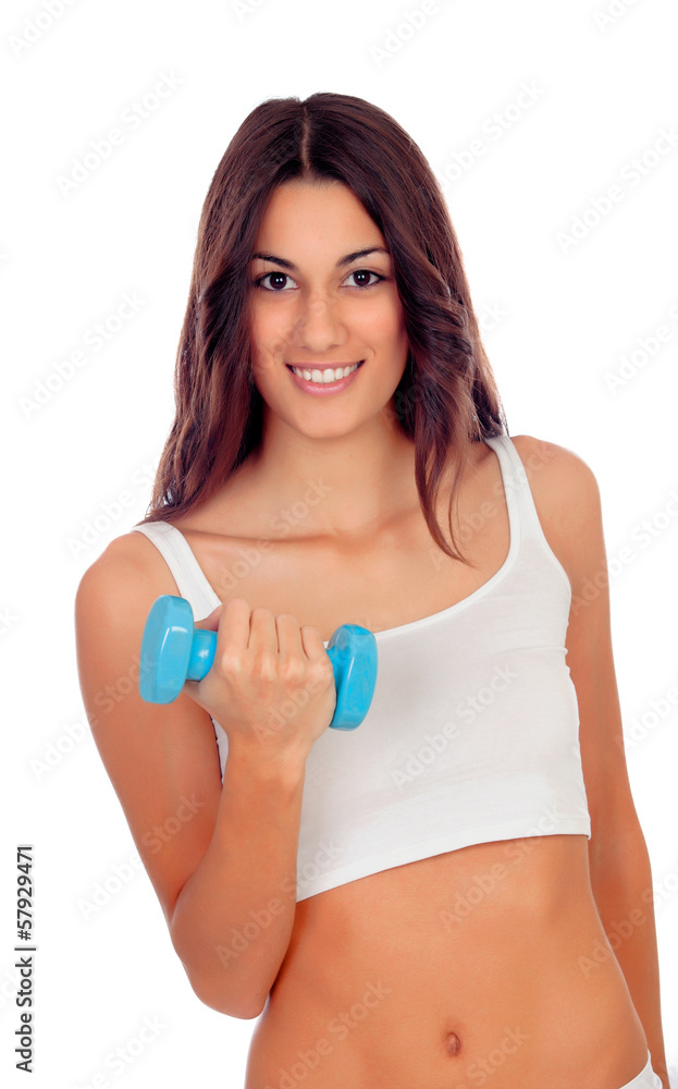 Girl in white underwear with dumbbells Girl in white underwear with dumbbells