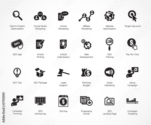 SEO and Development icons, black series