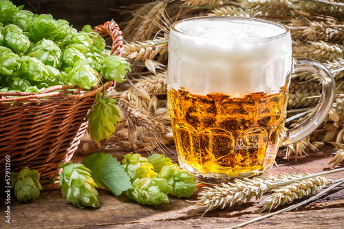 Small beer with a large foam surrounded by hops photo