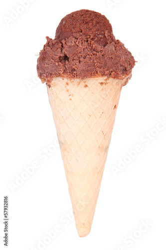 Appetizing chocolate ice cream in waffle cone isolated on white