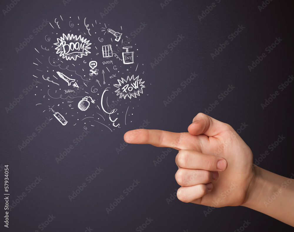 Sketched explosives coming out of gun shaped hands Sketched explosives coming out of gun shaped hands