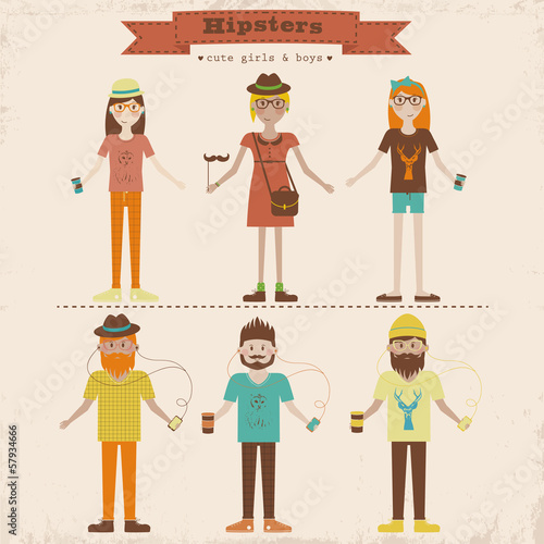 Cartoon illustration of young people with hipster fashion style.
