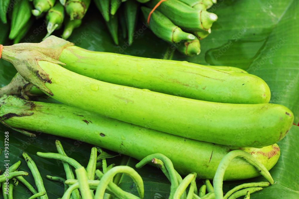 Fresh vegetables - eggplant, green market.