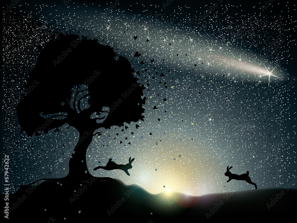 Fototapeta premium Rabbits fall in love / Romantic card with comet on the sky