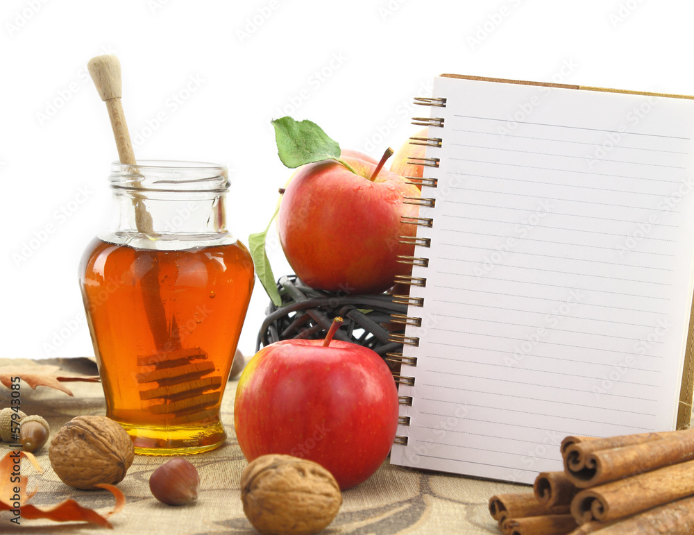 Autumn background basket with apples and notebook