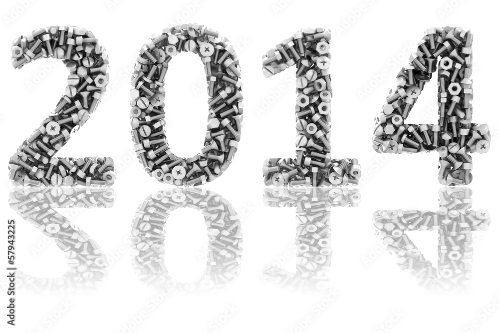 2014 digits composed of differnt bolts and nuts on glossy white 2014 digits composed of differnt bolts and nuts on glossy white