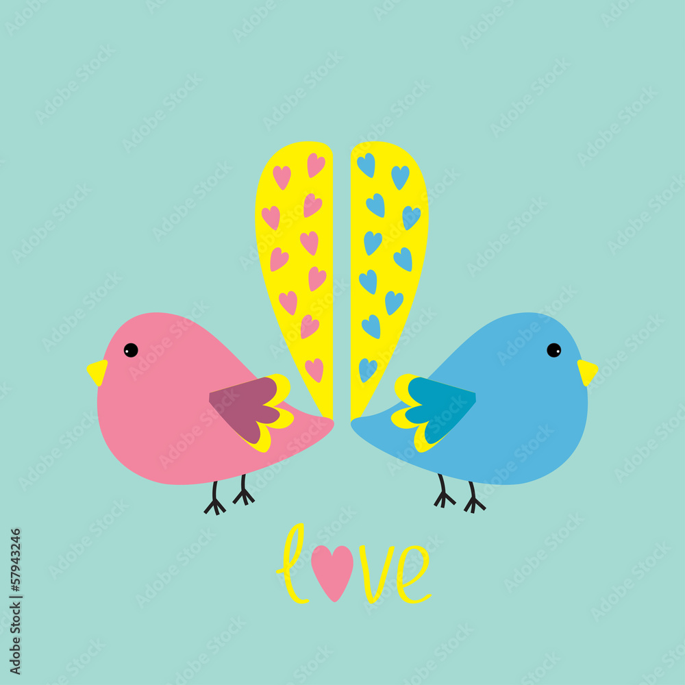 Two birds with yellow heart tails. love card. Two birds with yellow heart tails. love card.
