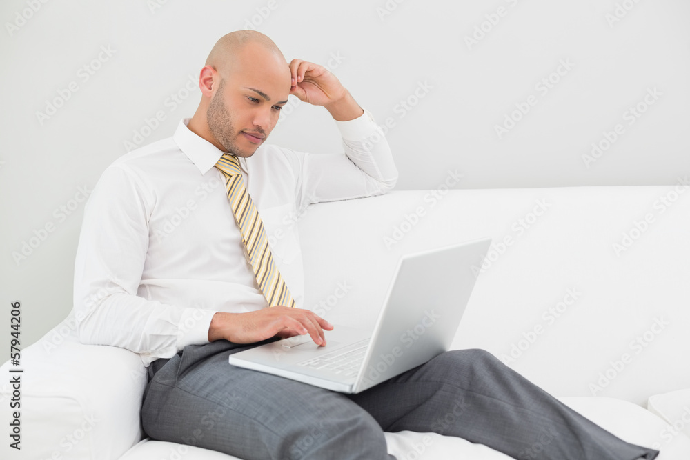 Businessman using laptop on sofa at home Businessman using laptop on sofa at home