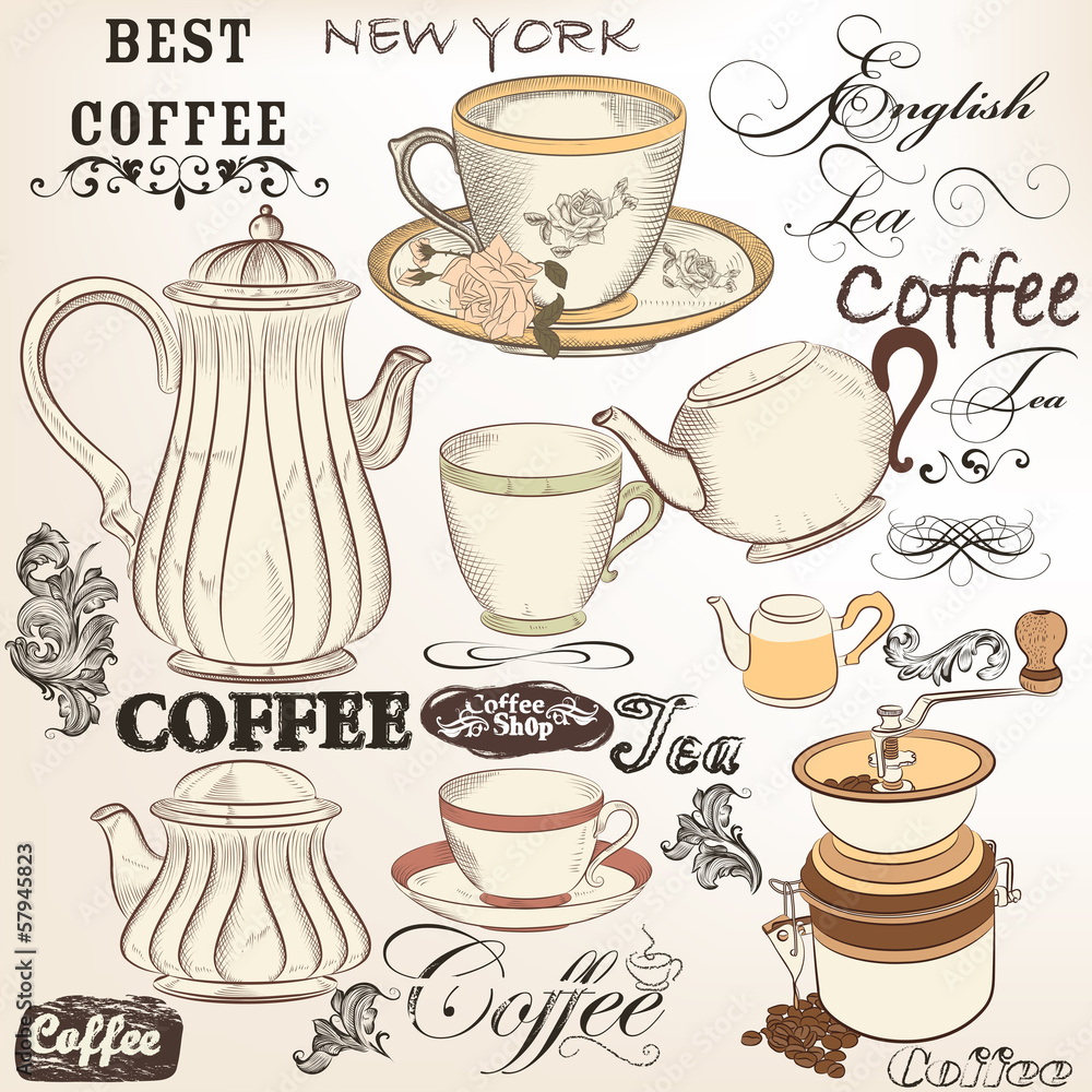 Collection of vintage vector decorative elements tea and coffee