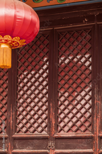 Door and red lantern of Chinese pagoda, Shanxi Province, China 