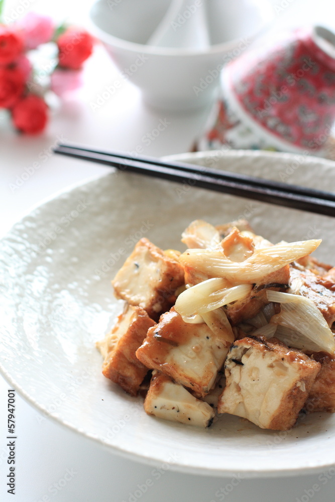 Chinese food, deep fried tofu and leek stir fried Chinese food, deep fried tofu and leek stir fried