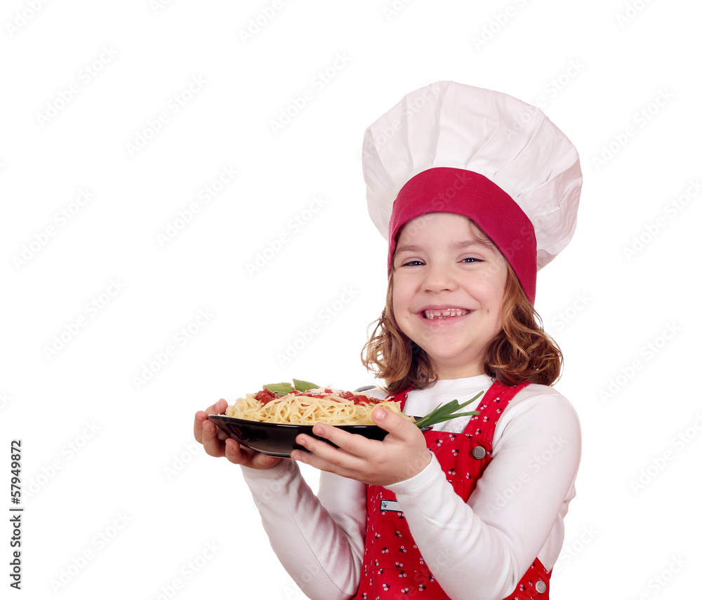 happy little girl cook with spaghetti on white happy little girl cook with spaghetti on white