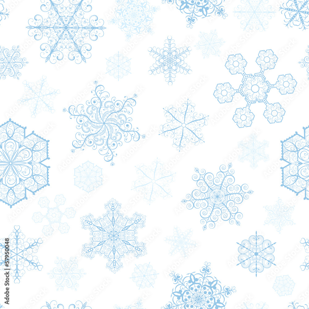 Christmas seamless pattern with big and small cyan snowflakes