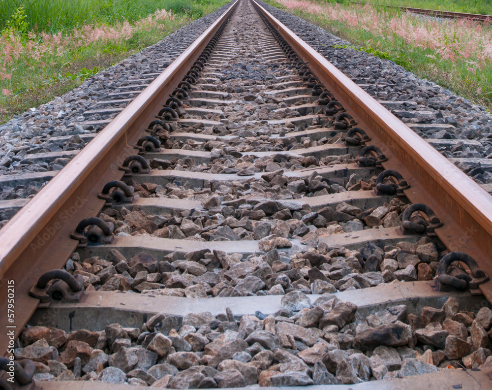 Close up on part of railroad track from top view. Close up on part of railroad track from top view.