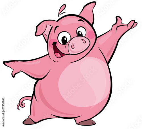 Cartoon happy cute pink pig character presenting